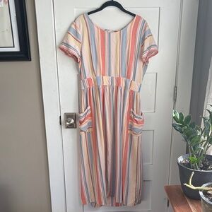 a.n.a Striped Garden Girl Linen Blend Midi Dress
